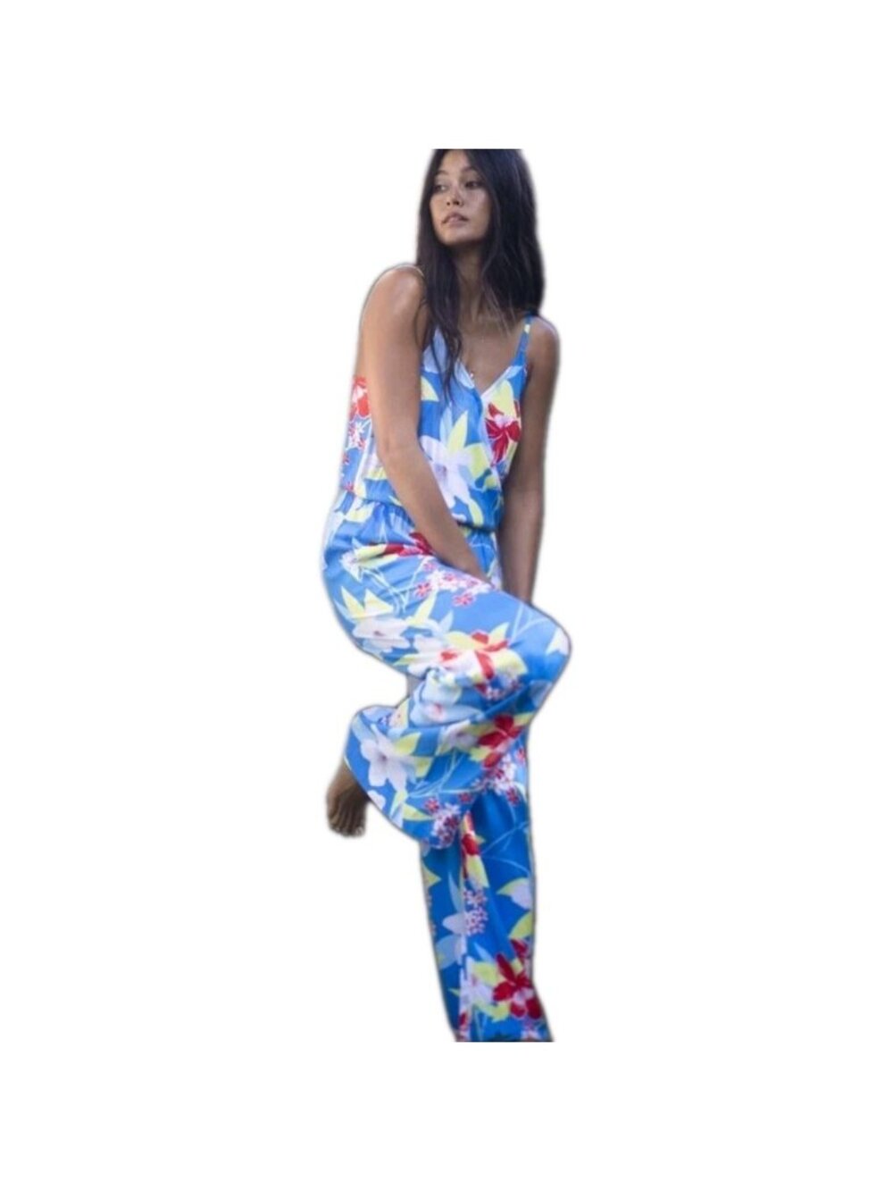 Roxy Jumpsuit Women XL Viscose Bright Bold Floral Wide Leg Sleeveless Summer NWT
